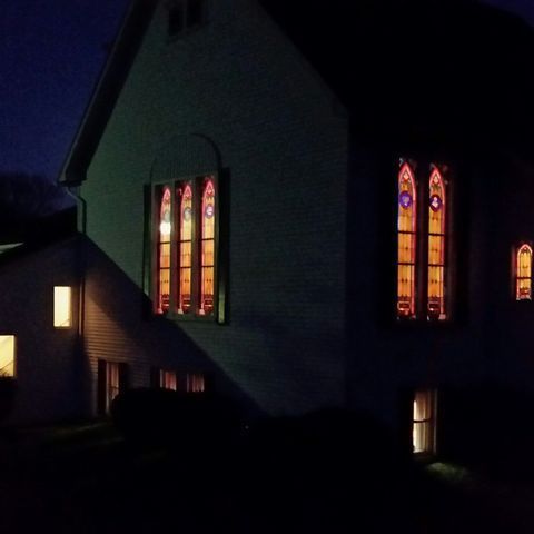 Moravia Church at night, for an evening service on Christmas Eve, 2016 - photo courtesy JoinMyChurch.com visitor