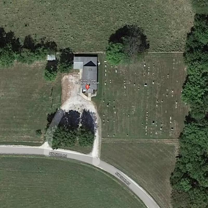 Aerial view of Jacoby Chapel Presbyterian Church and cemetery