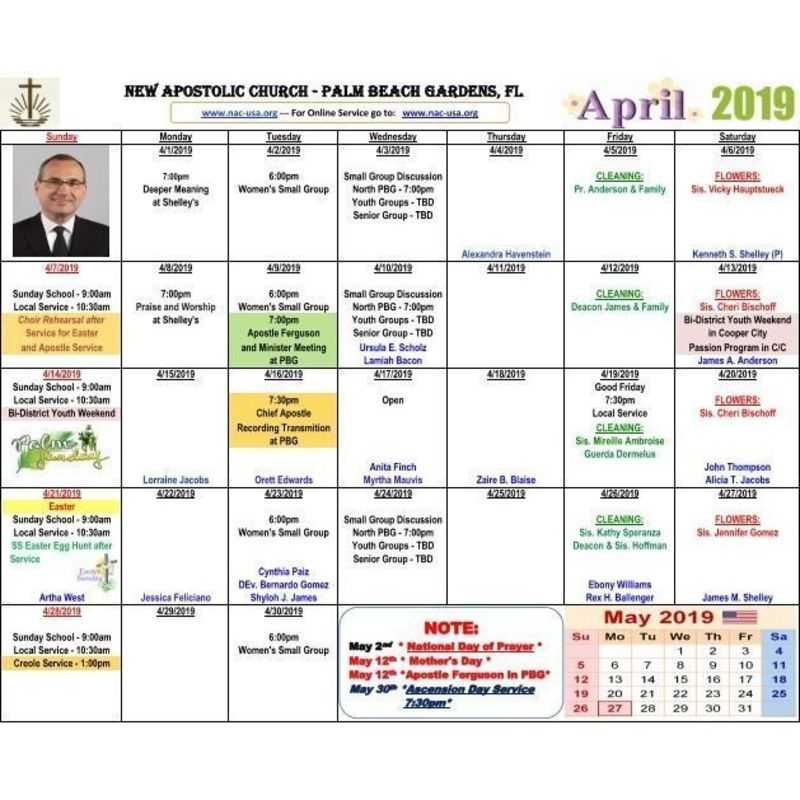 April 2019 Schedule of Services - Palm Beach Gardens New Apostolic Church