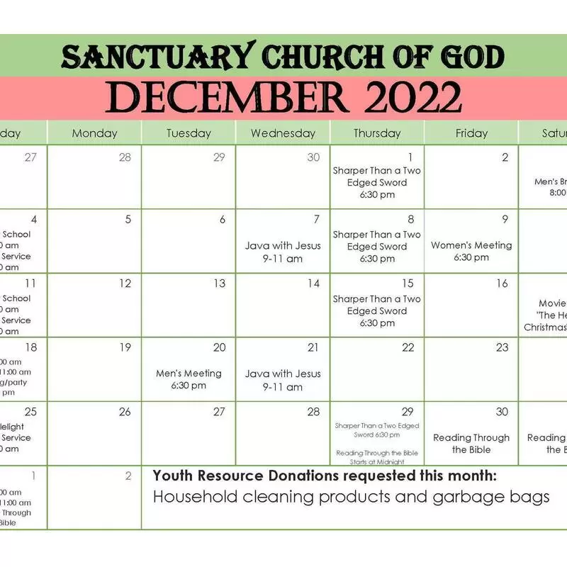 Sanctuary Church of God December 2022 Schedule