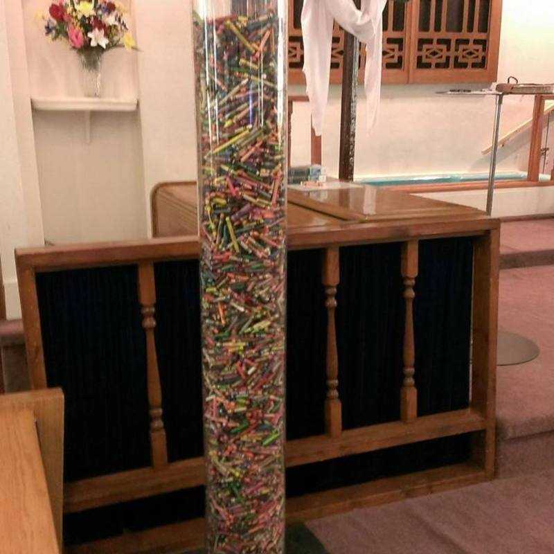 The crayon tower at First Baptist Church of Bicknell