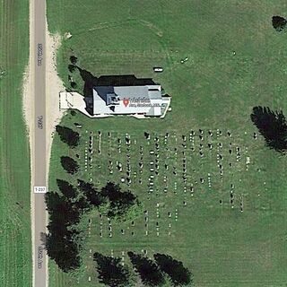 Aerial view of St Johns Lutheran Church and cemetery