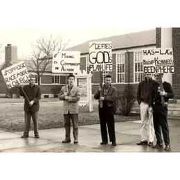 Protesters at Bushnell Congregational Church, March 2, 1958. Photo: Bentley Historical Collection, University of Michigan.
