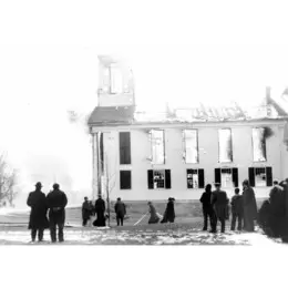 The Federated Church building burning on December 25, 1939